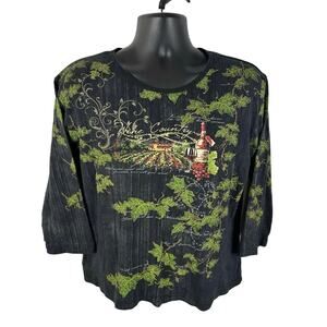 Y2K Women's 3/4 Sleeve Top Wine Country Leaves Vineyard Graphic Size XL Black